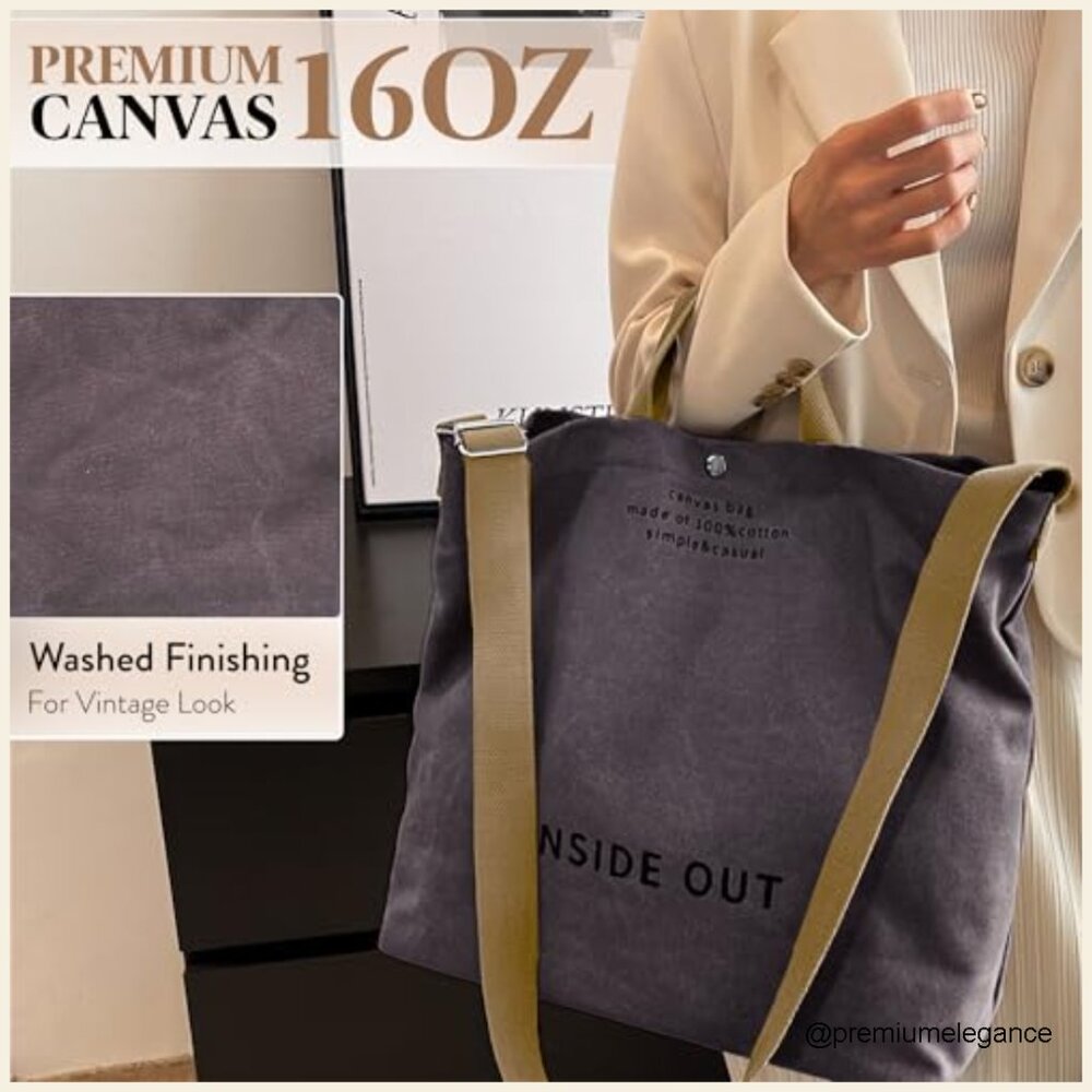 Large Canvas Tote Bag with Crossbody Strap, Multiple Pockets, 20L Capacity - Picture 4 of 7